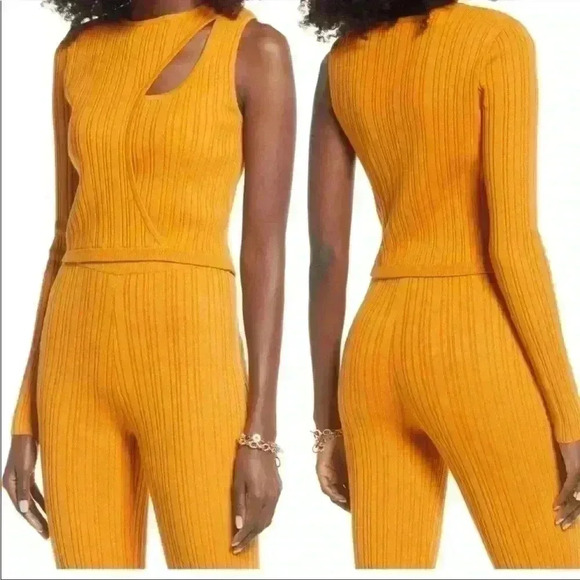 Open Edit Asymmetric Keyhole One Sleeve Sweater in Orange Inca Size X-Small NWT - Picture 4 of 10